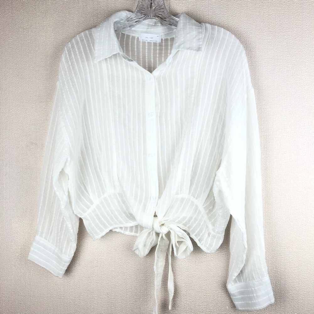 Oak + Fort Tie Front Button Down Crop White Sheer